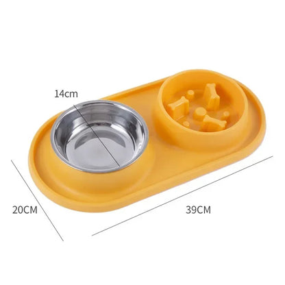 Double Pet Bowl with Silicone Mat – Stainless Steel Slow Feeder for Dogs & Cats