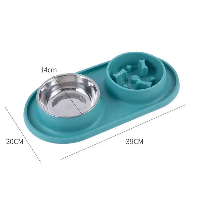 Double Pet Bowl with Silicone Mat – Stainless Steel Slow Feeder for Dogs & Cats
