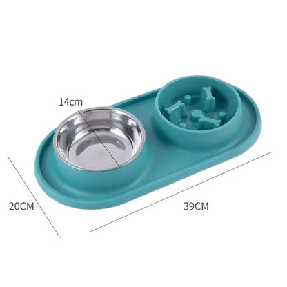 Double Pet Bowl with Silicone Mat – Stainless Steel Slow Feeder for Dogs & Cats