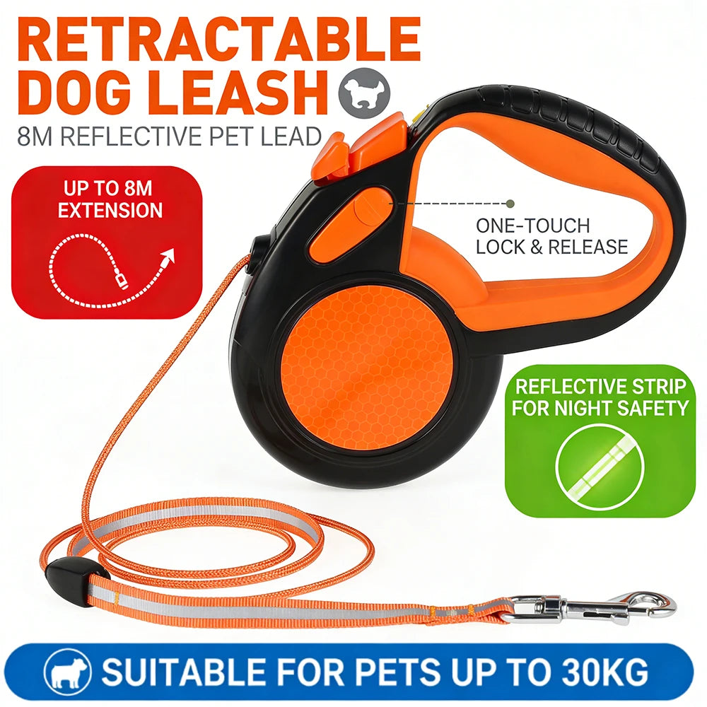 8M Retractable Dog Lead — Heavy Duty Walking Leash with Reflective Tape & Non-Slip Handle | Small, Medium & Large Dogs