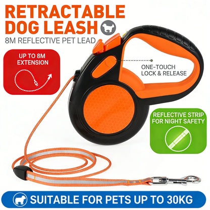 8M Retractable Dog Lead — Heavy Duty Walking Leash with Reflective Tape & Non-Slip Handle | Small, Medium & Large Dogs