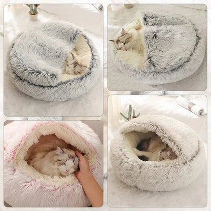 Round Plush Cat & Dog Bed – Warm Soft Sleeping Nest Cave for Small Pets