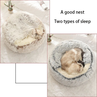 Round Plush Cat & Dog Bed – Warm Soft Sleeping Nest Cave for Small Pets