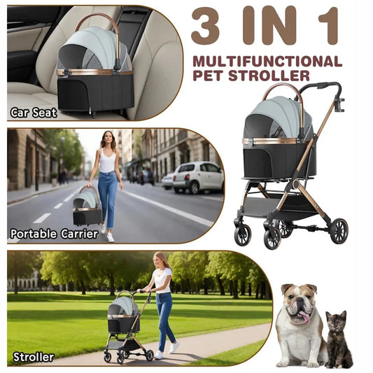 3-in-1 Foldable Pet Stroller | Detachable Bag & Basket | Up to 20kg