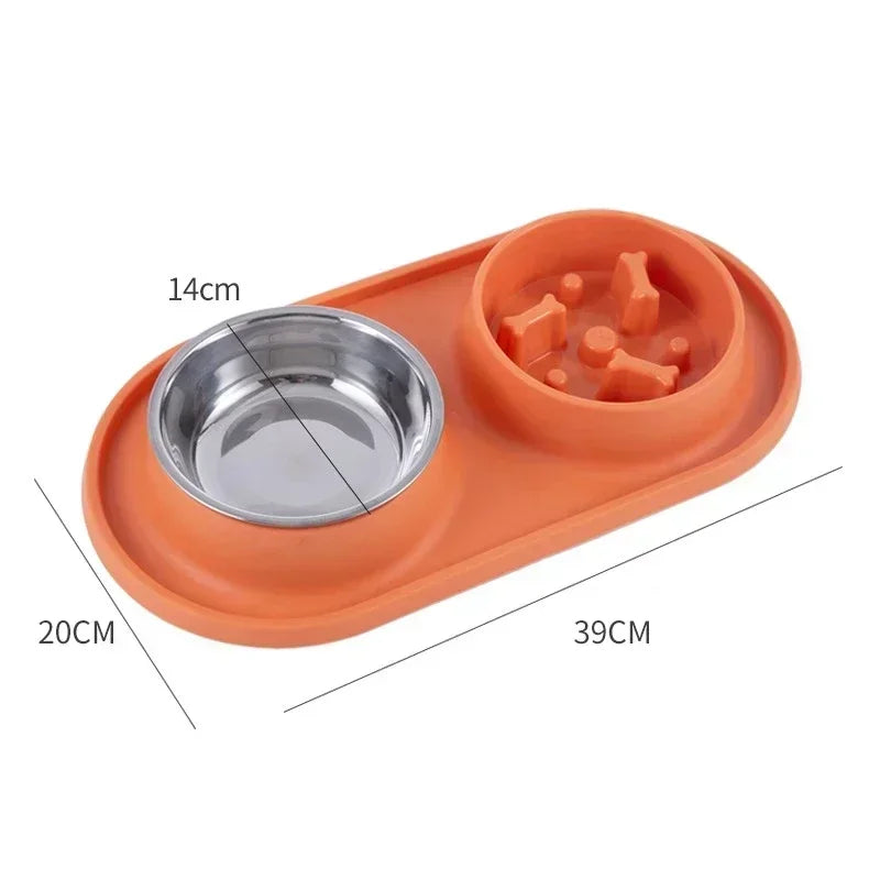 Double Pet Bowl with Silicone Mat – Stainless Steel Slow Feeder for Dogs & Cats