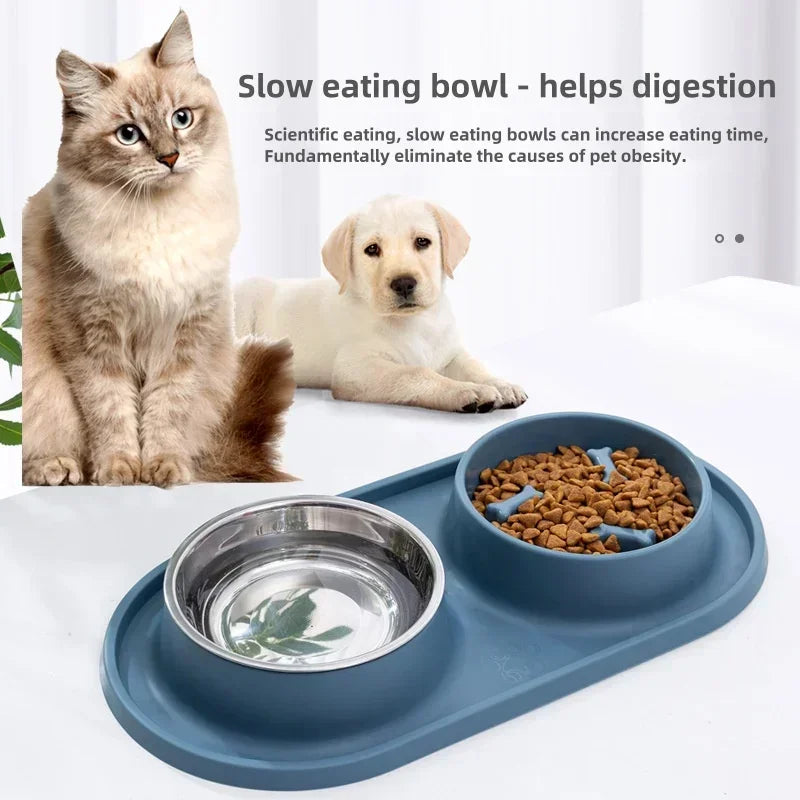 Double Pet Bowl with Silicone Mat – Stainless Steel Slow Feeder for Dogs & Cats