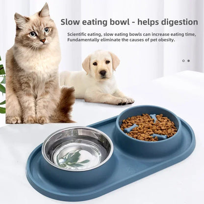 Double Pet Bowl with Silicone Mat – Stainless Steel Slow Feeder for Dogs & Cats