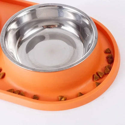 Double Pet Bowl with Silicone Mat – Stainless Steel Slow Feeder for Dogs & Cats