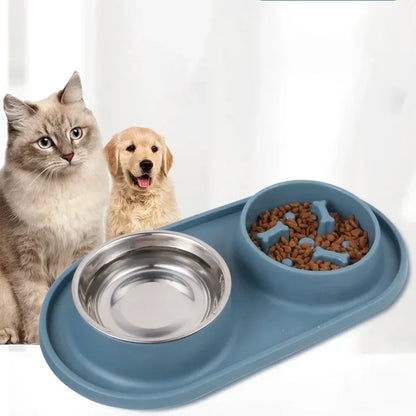 Double Pet Bowl with Silicone Mat – Stainless Steel Slow Feeder for Dogs & Cats