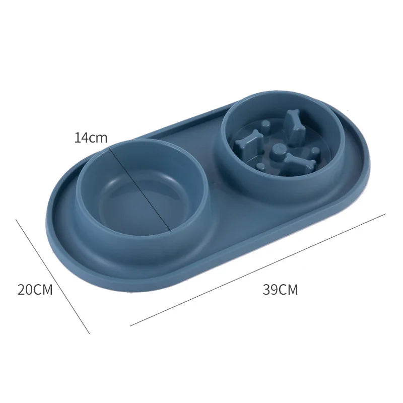 Double Pet Bowl with Silicone Mat – Stainless Steel Slow Feeder for Dogs & Cats