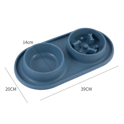 Double Pet Bowl with Silicone Mat – Stainless Steel Slow Feeder for Dogs & Cats