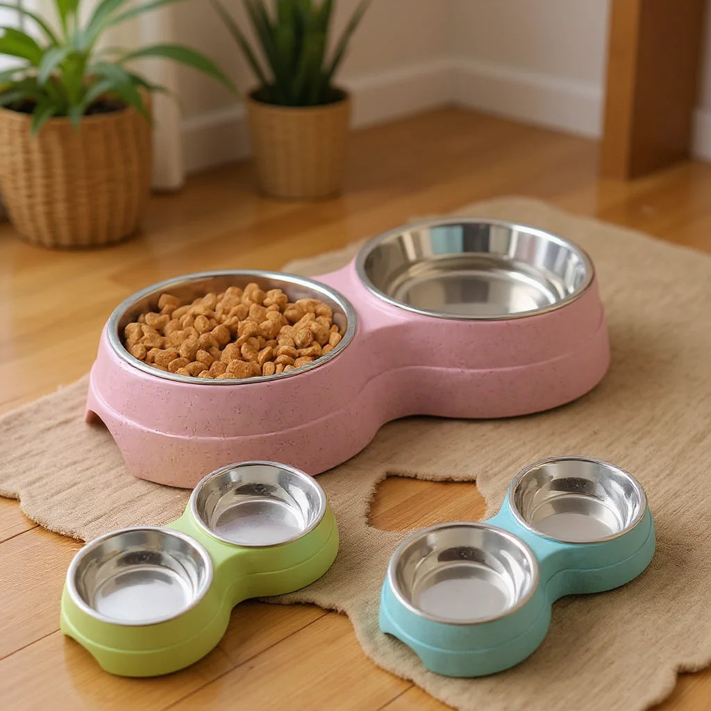 Dual Stainless Steel Pet Bowl – Non-Slip Double Food & Water Dish for Cats & Dogs