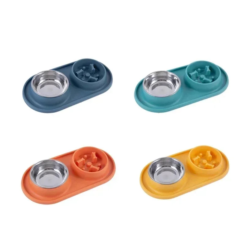 Double Pet Bowl with Silicone Mat – Stainless Steel Slow Feeder for Dogs & Cats