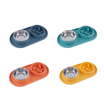 Double Pet Bowl with Silicone Mat – Stainless Steel Slow Feeder for Dogs & Cats