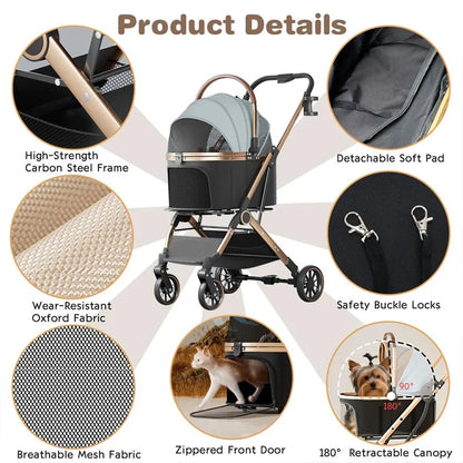 3-in-1 Foldable Pet Stroller | Detachable Bag & Basket | Up to 20kg