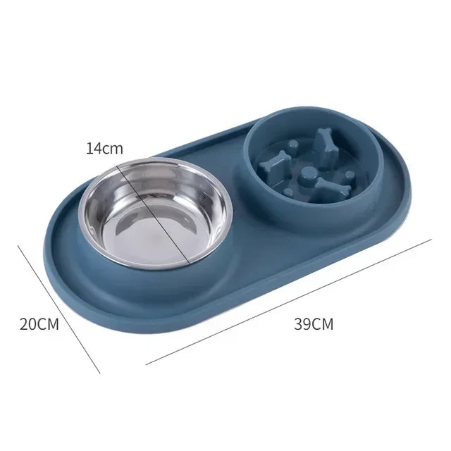 Double Pet Bowl with Silicone Mat – Stainless Steel Slow Feeder for Dogs & Cats