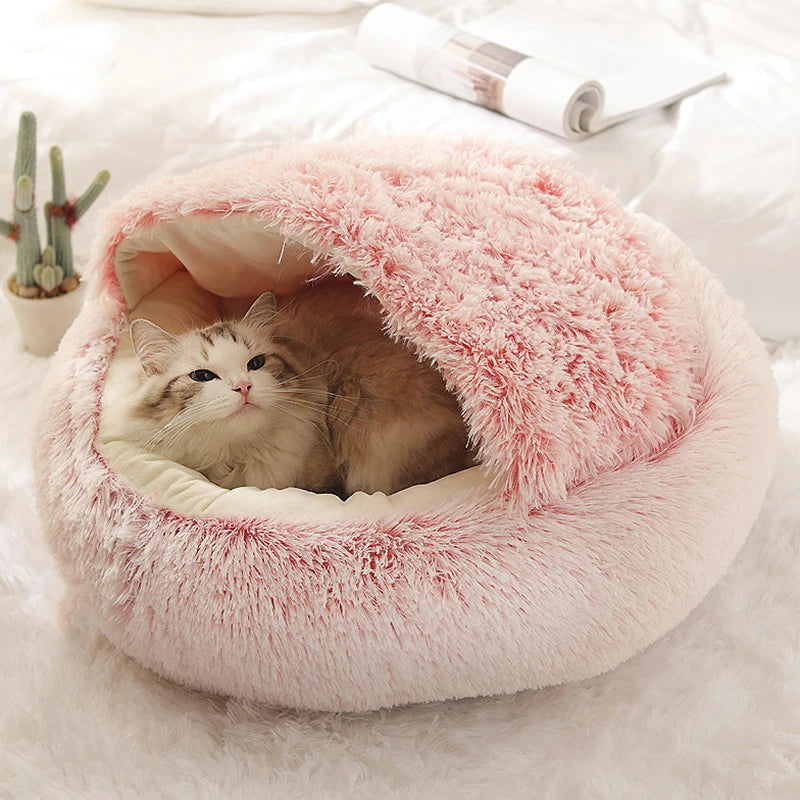 Round Plush Cat & Dog Bed – Warm Soft Sleeping Nest Cave for Small Pets