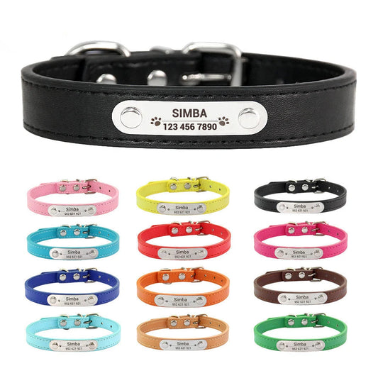 Personalised Dog Collar with Engraved Name & ID — PU Leather, Anti-Lost