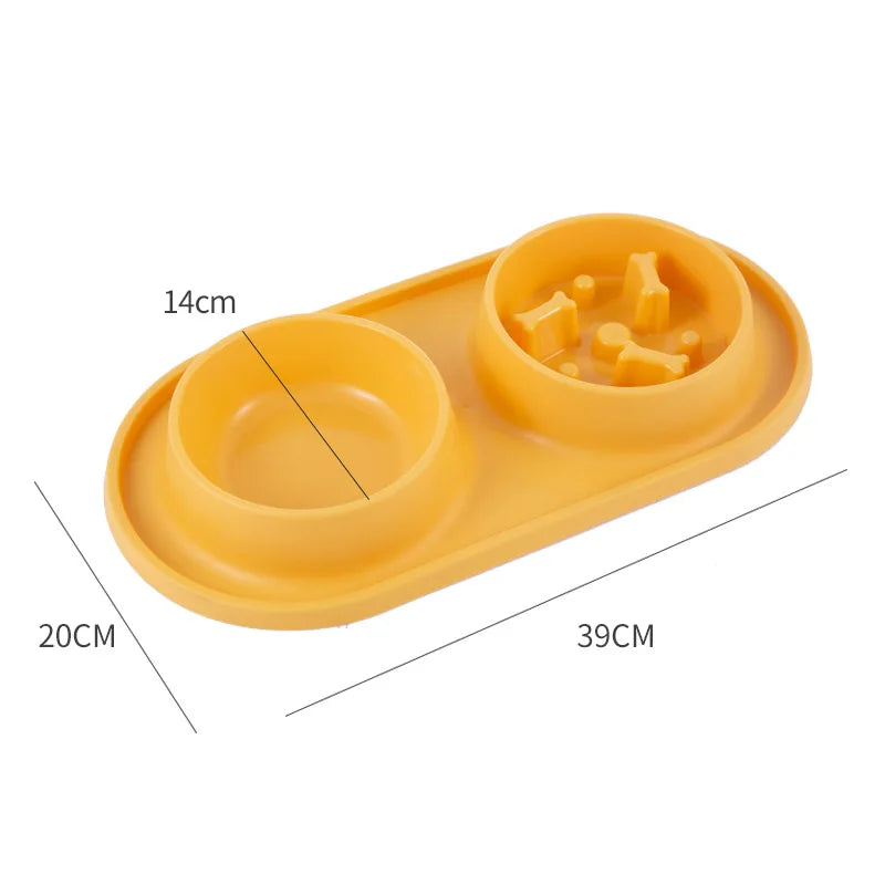 Double Pet Bowl with Silicone Mat – Stainless Steel Slow Feeder for Dogs & Cats
