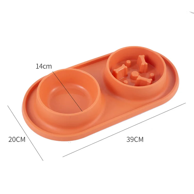 Double Pet Bowl with Silicone Mat – Stainless Steel Slow Feeder for Dogs & Cats