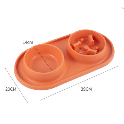 Double Pet Bowl with Silicone Mat – Stainless Steel Slow Feeder for Dogs & Cats