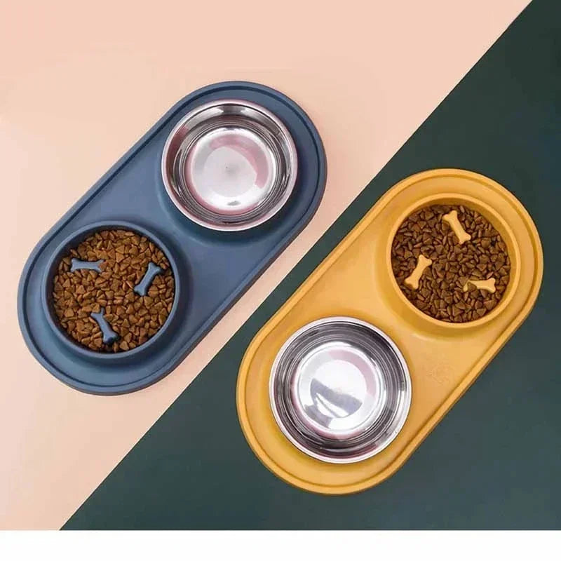 Double Pet Bowl with Silicone Mat – Stainless Steel Slow Feeder for Dogs & Cats