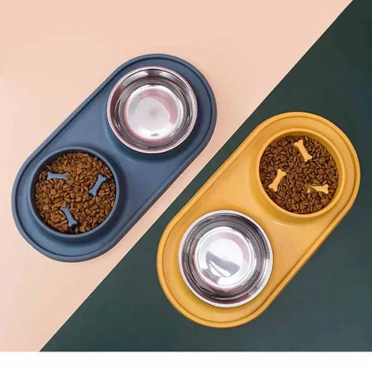 Double Pet Bowl with Silicone Mat – Stainless Steel Slow Feeder for Dogs & Cats