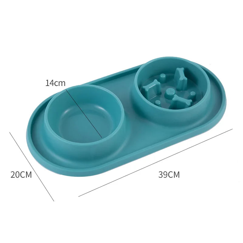 Double Pet Bowl with Silicone Mat – Stainless Steel Slow Feeder for Dogs & Cats