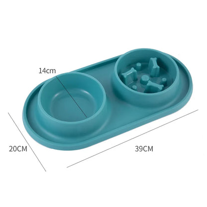 Double Pet Bowl with Silicone Mat – Stainless Steel Slow Feeder for Dogs & Cats